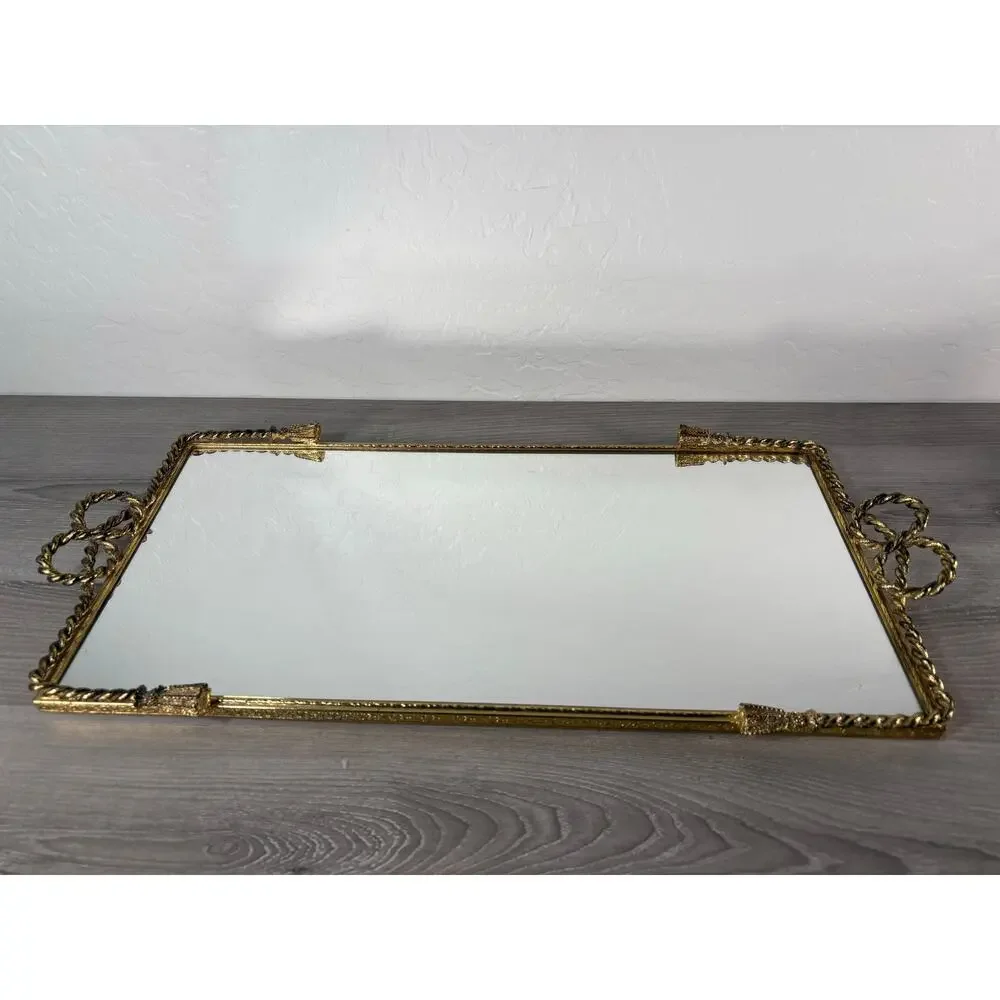 Vintage 1970s Mirrored Rectangular Tray W Ornate Brass Rope Ribbon Tassel Detail
